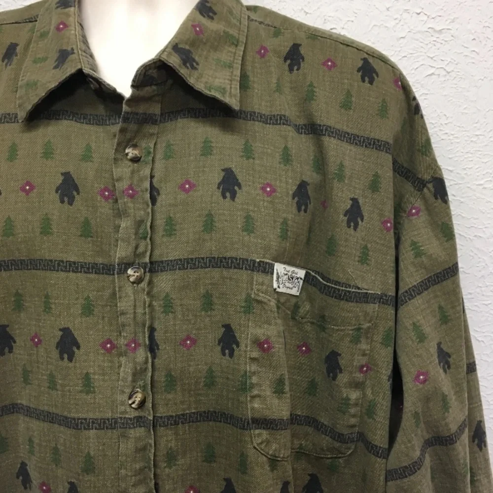 Vintage True‎ Grit Shirt Mens XXL Green Bear Dance Long Sleeve Button Cotton USA